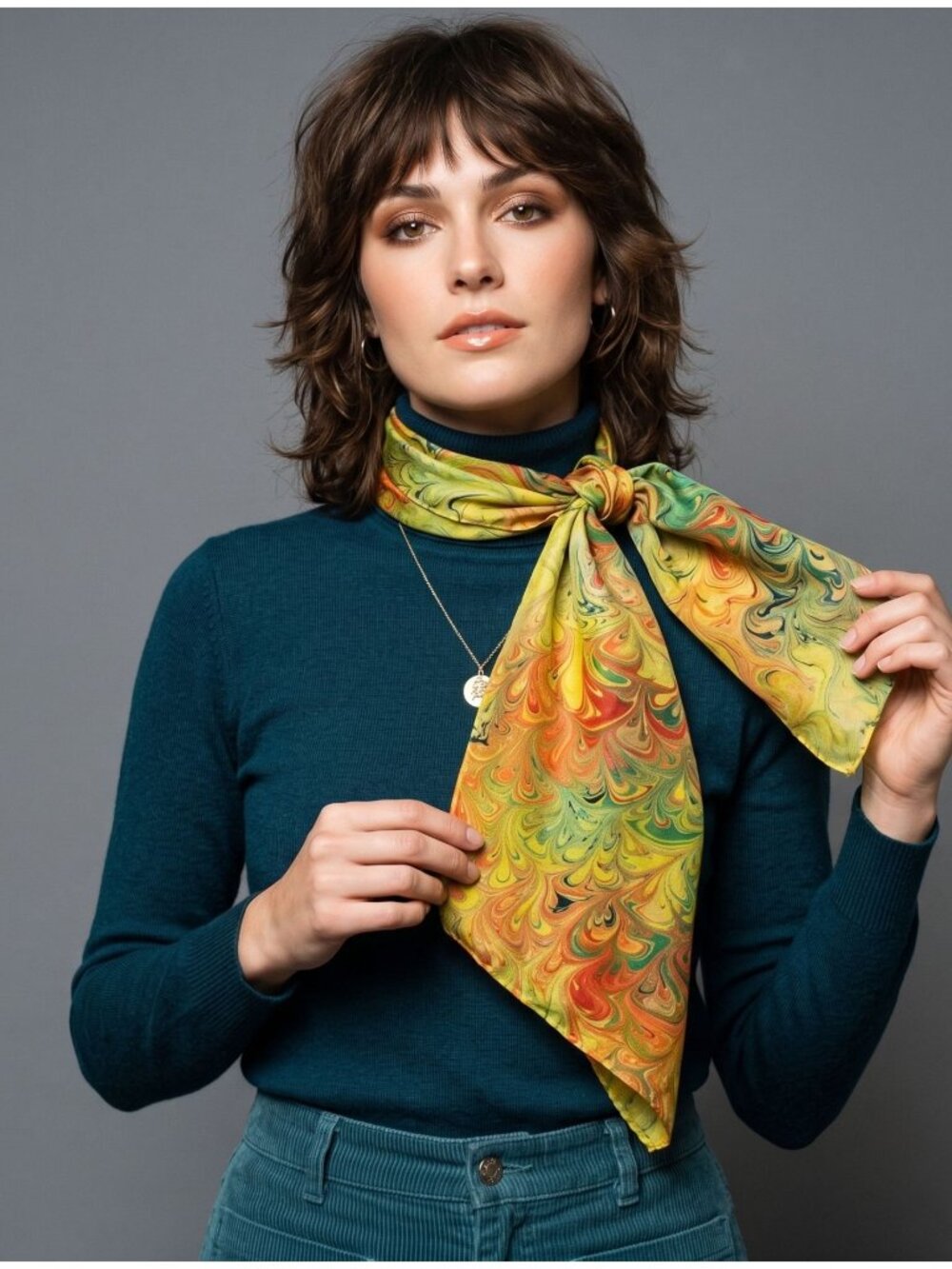 Vintage Sunny Rainbow Dyes Hand-Marbled Silk Scarf Neckwear Multicolor Length 28